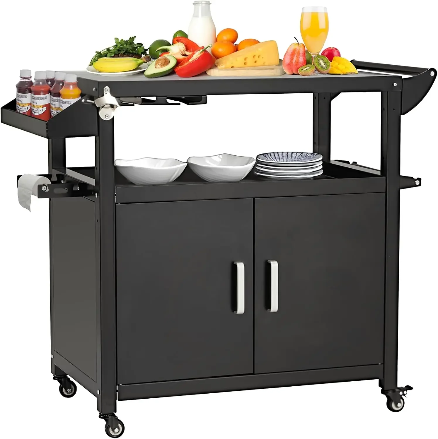 Outdoor Grill Cart Kitchen Island, Steel Bbq Bar Cart Storage Cabinet, Buffet Prep Table With 4 Swivel Wheels, Double Magnetic