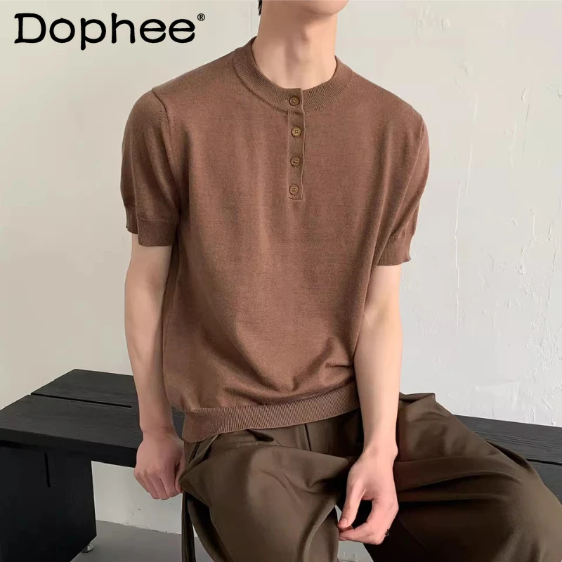 

Men's 2026 Summer New Knitted Short Sleeve Tops Men's Fashion Half Sleeve T-Shirts Male Solid Color Button Decoration Chic Tees