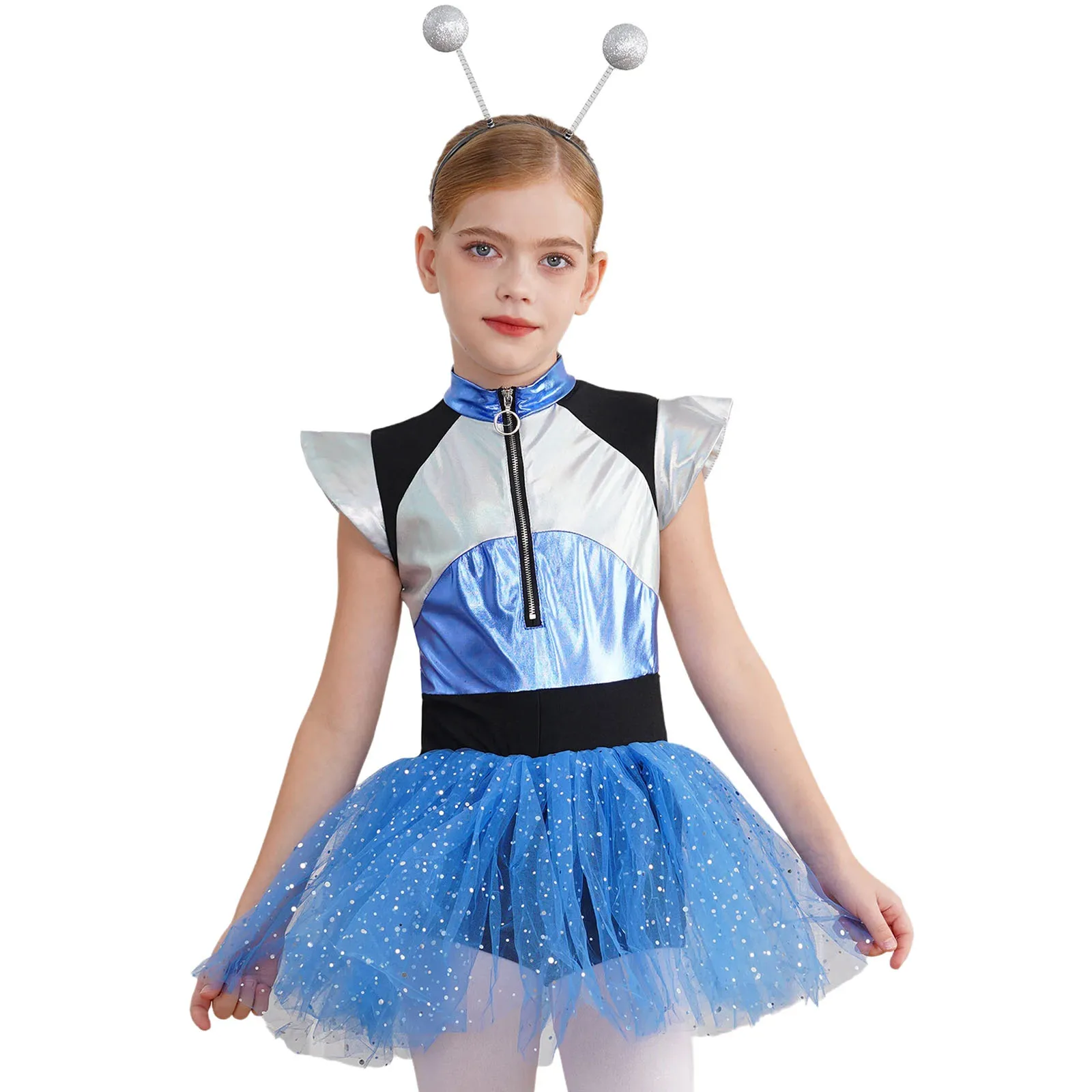 2 Pcs Alien Costume for Girls Outerspace Astronaut Alien Metallic Tutu Dance Dress with Headband Halloween Cosplay Carnival Set