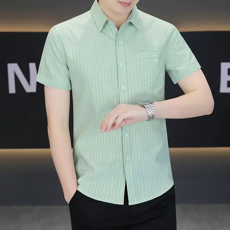 Mens Turn Down Collar Vertical Striped Short Sleeve Shirt Single Pocket Slim Fit Business Casual Button Up Top