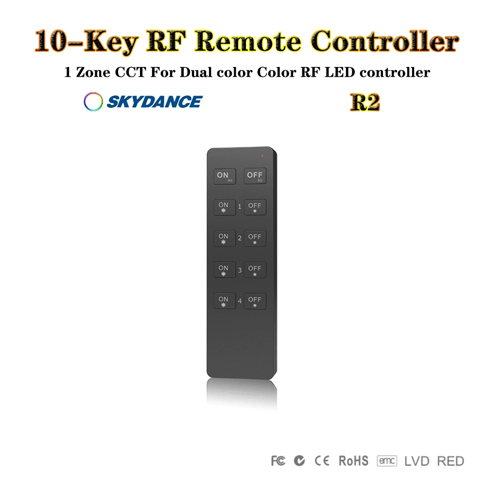 Skydance R1/R2/RU4/RU8 1-8 Zone Dimming 10-Key RF Wireless Remote Controller For Single Color Or Dual Color LED Controller