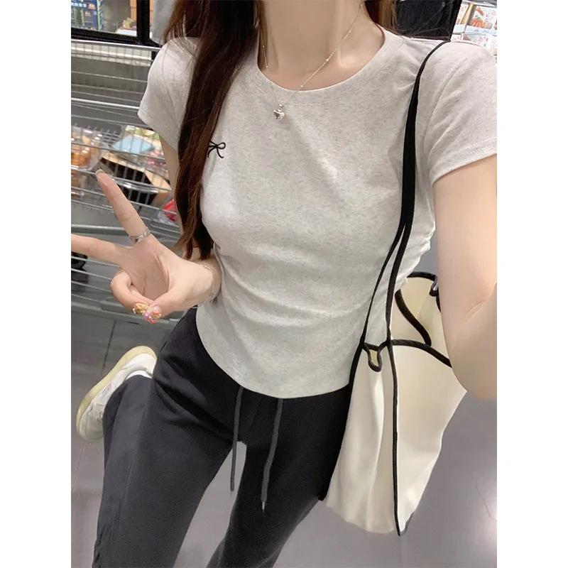 Round Neck Embroidered Shoulder Short Sleeved Women's Summer Pleated Waist Cinching Short Top