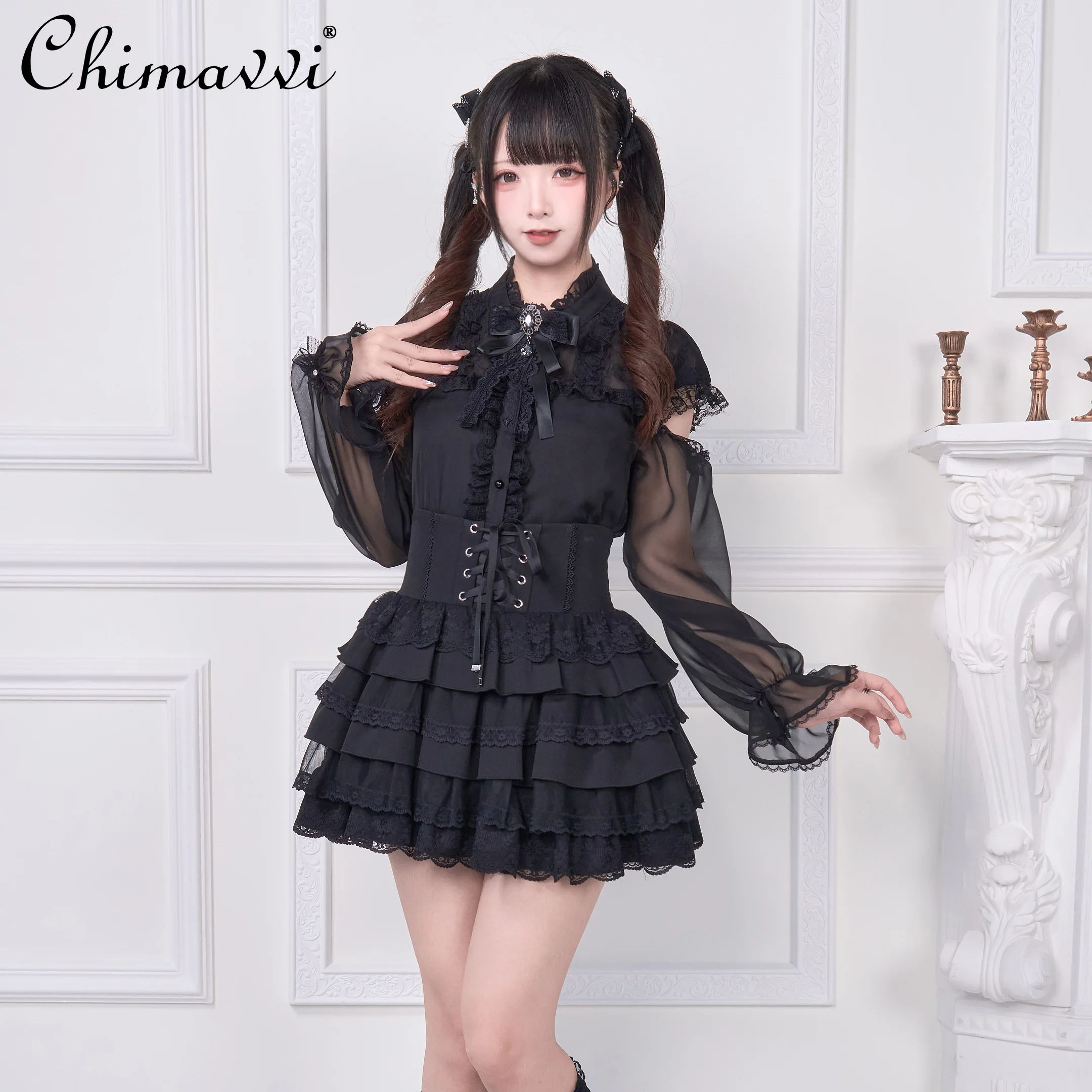 Sweet Girl Chiffon Lace Blouse Original Mass-Produced Japanese Style Semi-Transparent Long Sleeve Gothic Cute Lolita Shirt Top