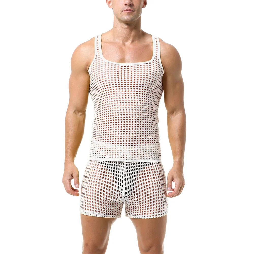 Sexy Mens Clothes Set Fishnet Hollow Out Tank Tops Sleeveless T-shirts Vests With Transparent Mesh Shorts Suit Male Undershirts