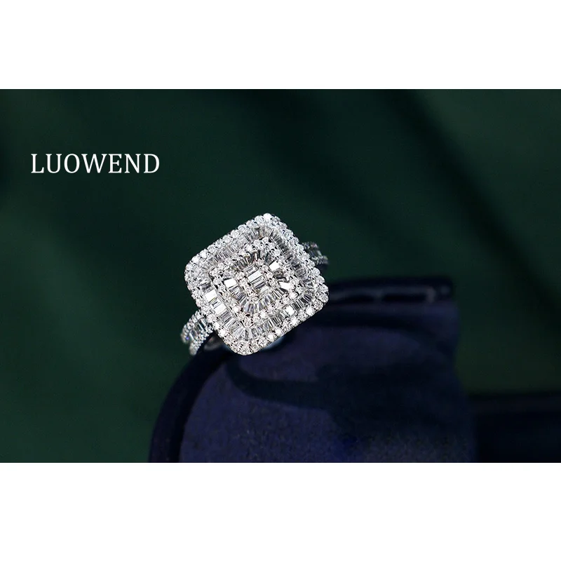 

LUOWEND 100% 18K White Gold Rings Fashion Square Shape 0.85carat Real Natural Diamond Ring for Women High Wedding Jewelry