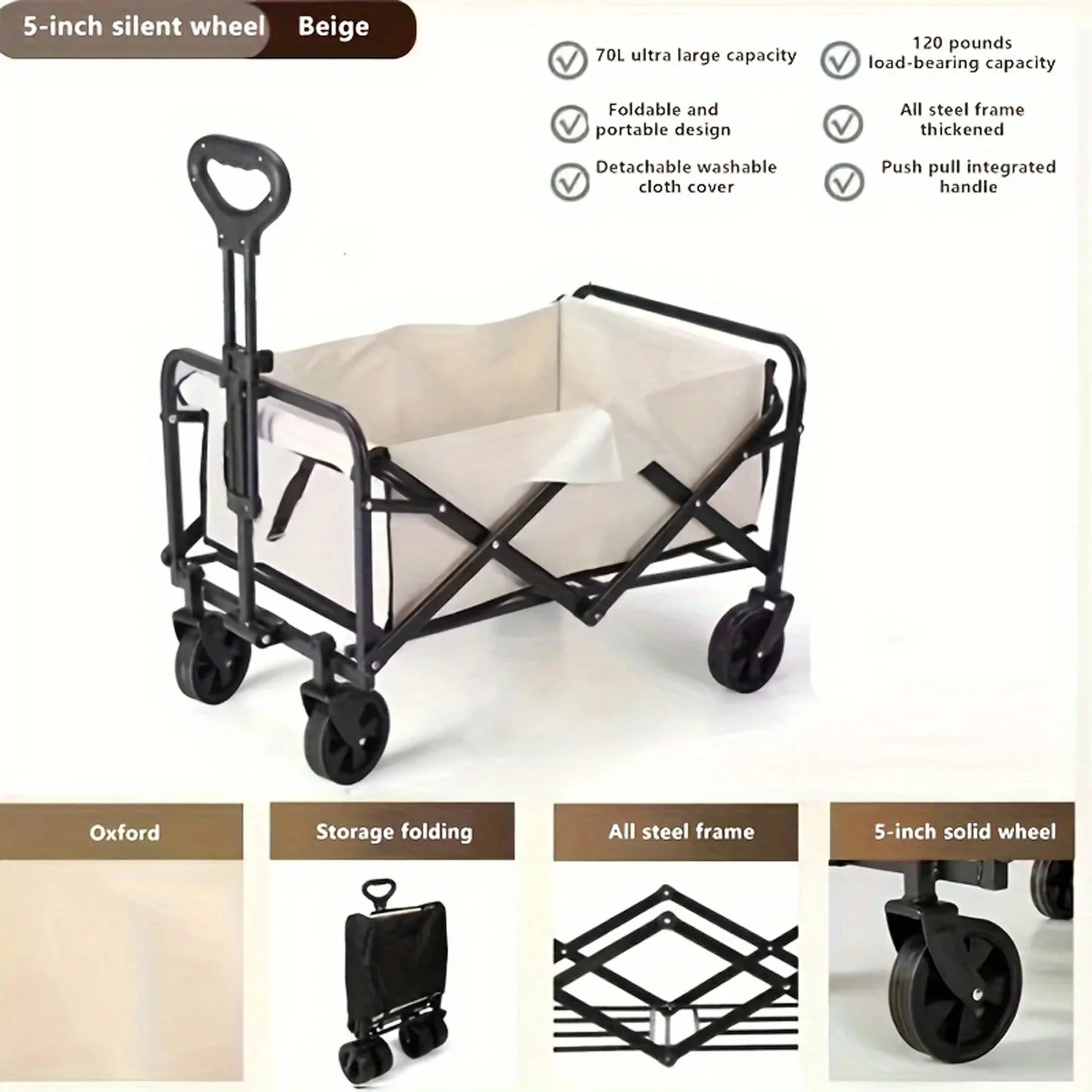 100kg Foldable Handcart 120L Portable Beach Transport Trolley Adjustable Handle Side Pockets Garden Camping Shopping JJ23