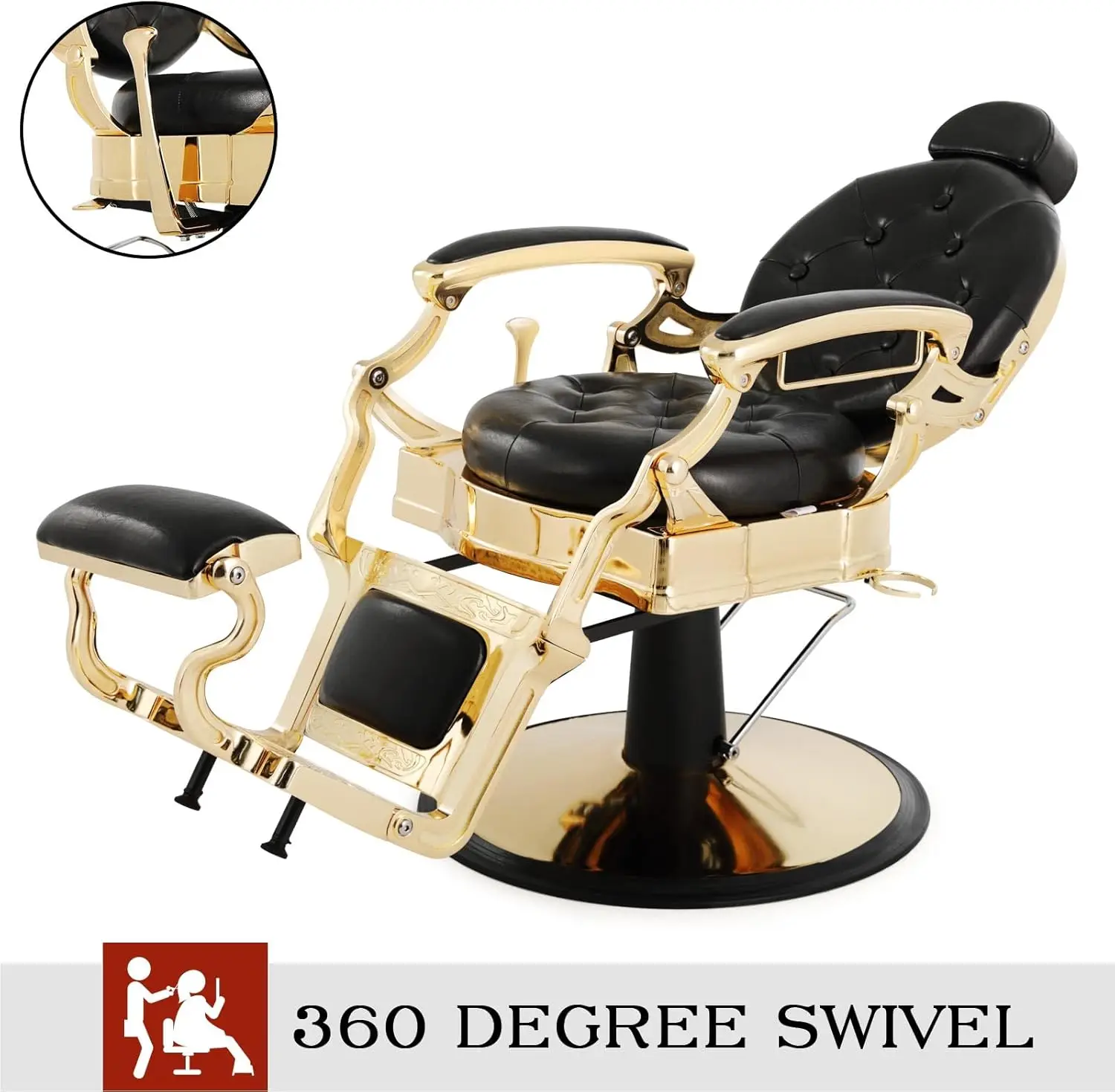 Heavy-duty Barber Chair Vintage Salon Chair Hydraulic Backrest Beauty Spa Styling Equipment Round Buffer Pleated Button (Gold)