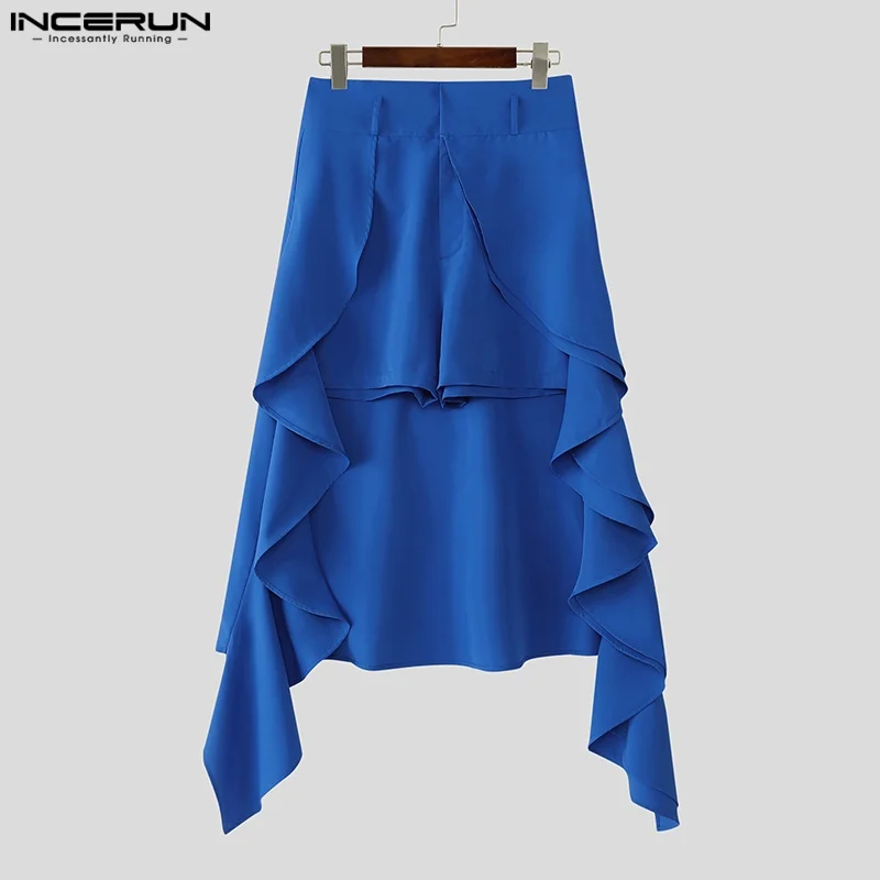 

INCERUN мужские юбки с оборками, свободные шорты, однотонные повседневные мужские штаны, уличная одежда, короткие брюки, модные брюки, мужские брюки большого размера, S-5XL