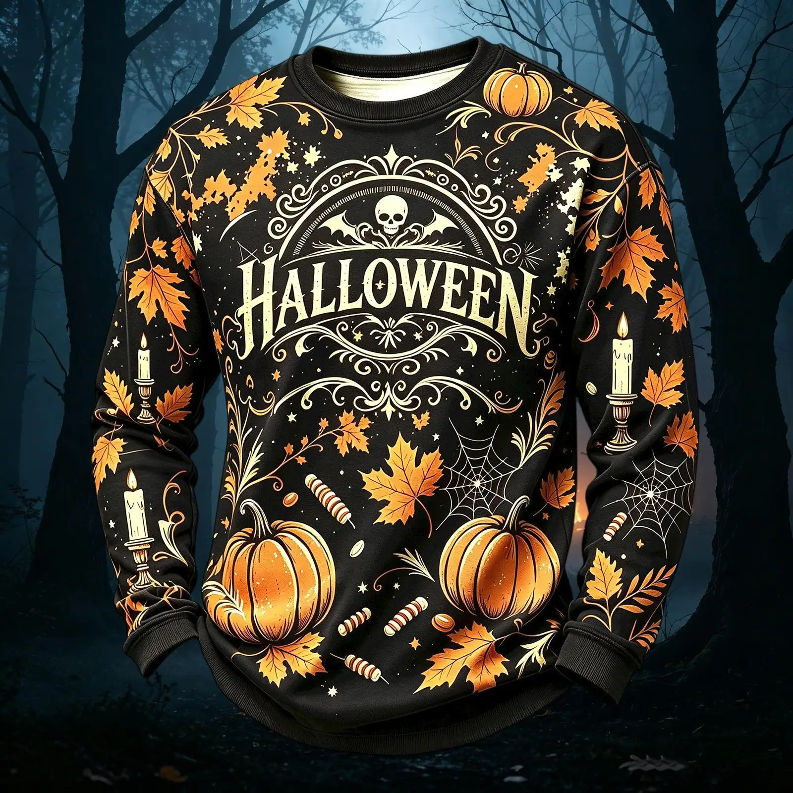 Vintage Halloween Pumpkin Maple Web Candle Skull Print Multicolor Crewneck Sweatshirt