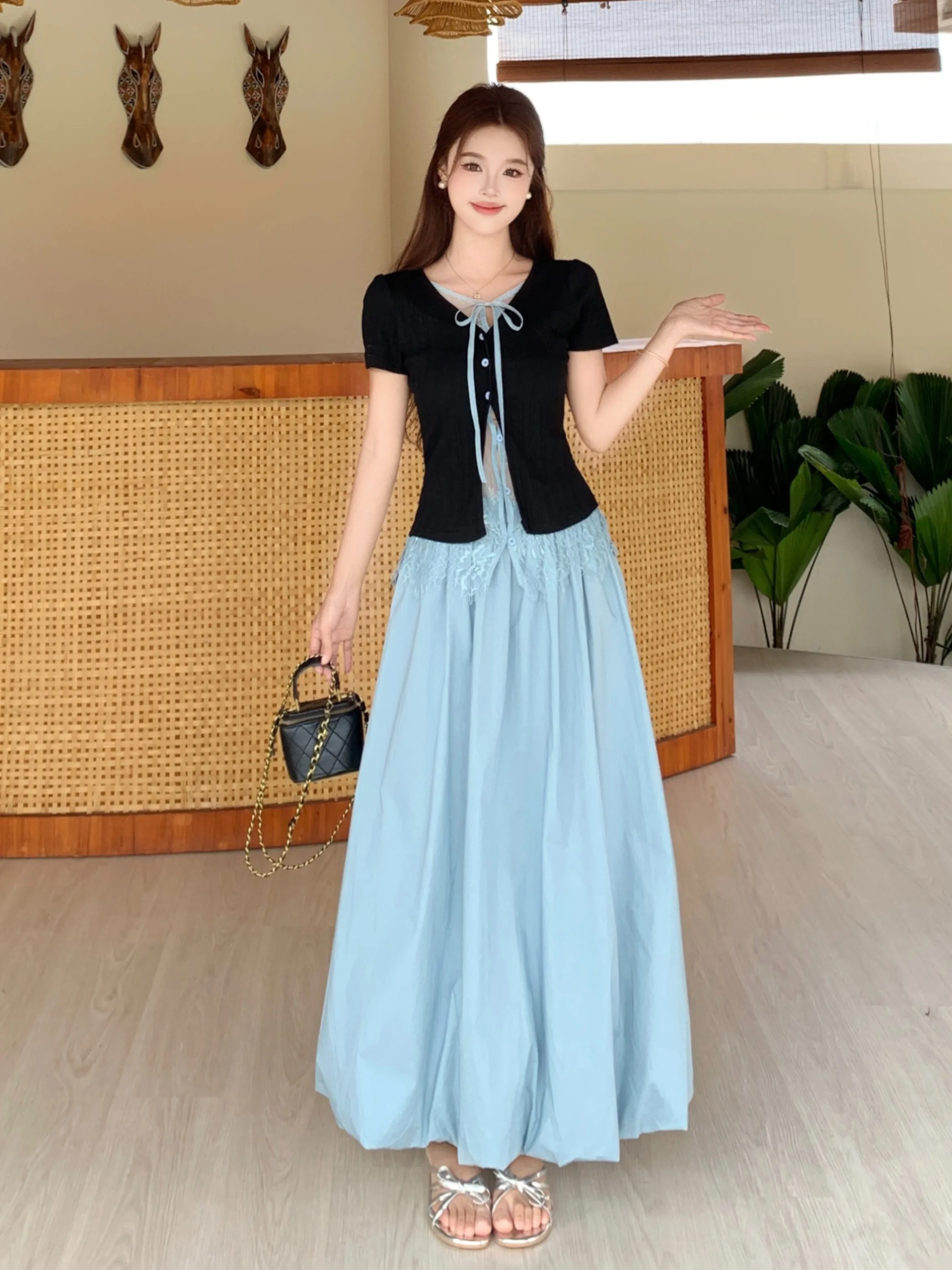 

Sweet Summer Slimming Short Sleeve T-Shirt Set High Waist A-Line Flower Half Skirt Ensemble Breathable Casual Elegant Style