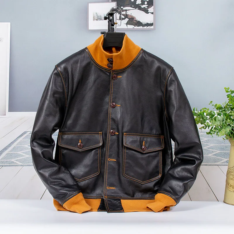 American Retro Style Men's Leather Flight Jacket Top Layer Cowhide Warm Casual Long Sleeve Single Button Closure Coat