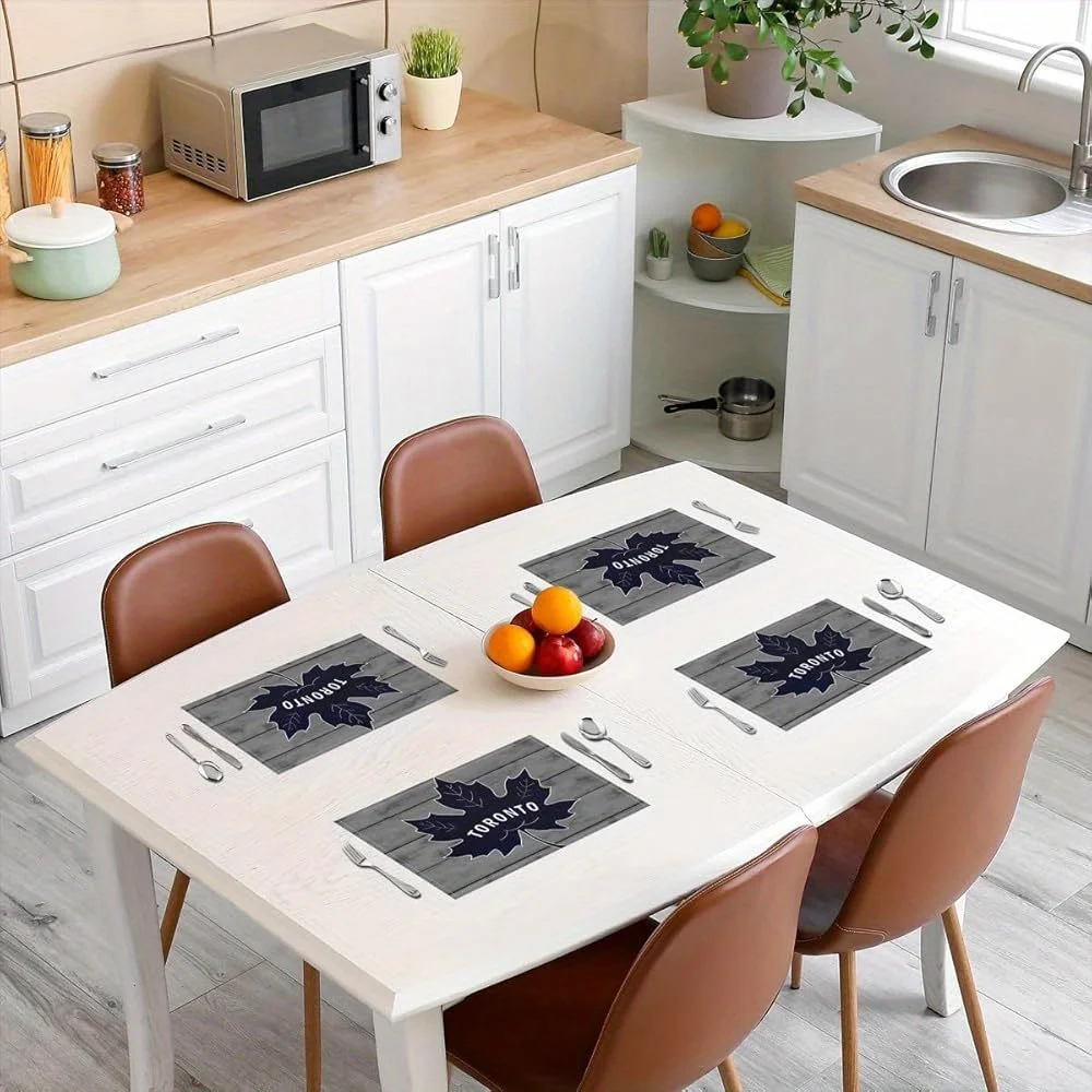4pcs Toronto Maple Leafs Placemat Set, Non‑Slip Machine‑Washable for Sports‑Fans Kitchen Dining Party Table Decor