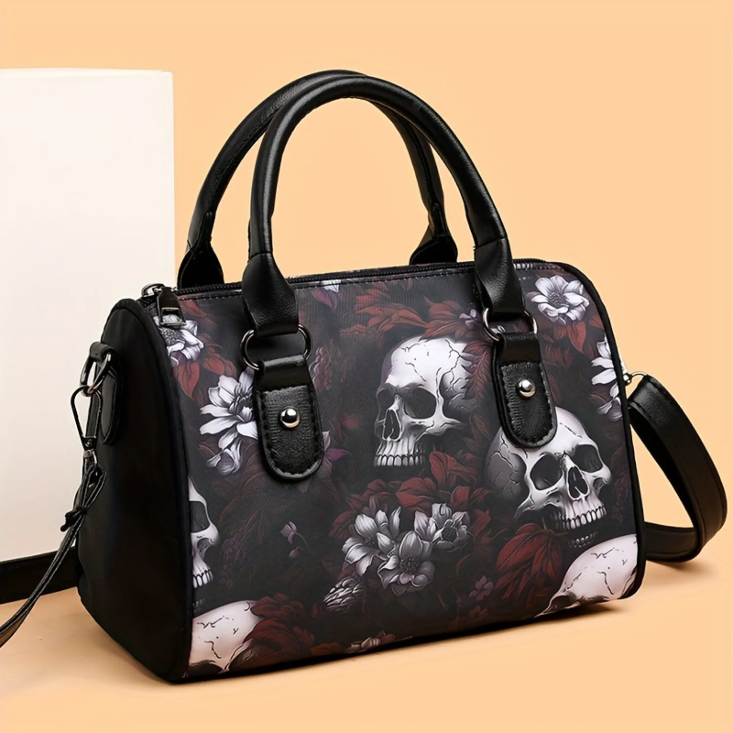 

Classic Skull & Flower Pattern Boston Shoulder Bag, Casual Lightweight Top Handle Satchel Bag For Women