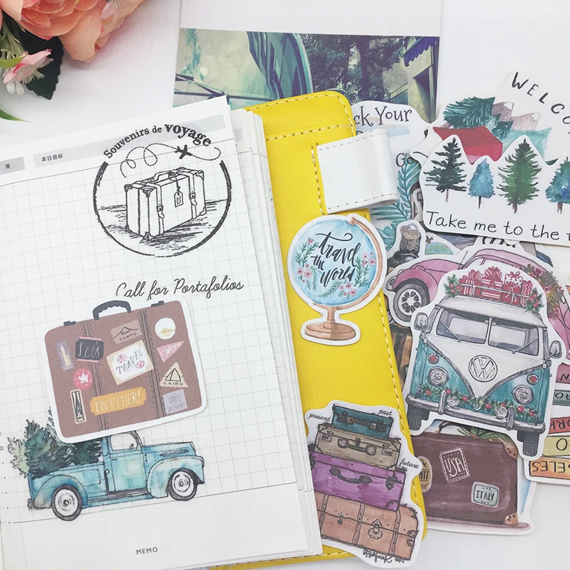 24PCS DIY scrapbooking hand-painted stickers plant trees car bus slow life album journal happy planner label decoration stickers