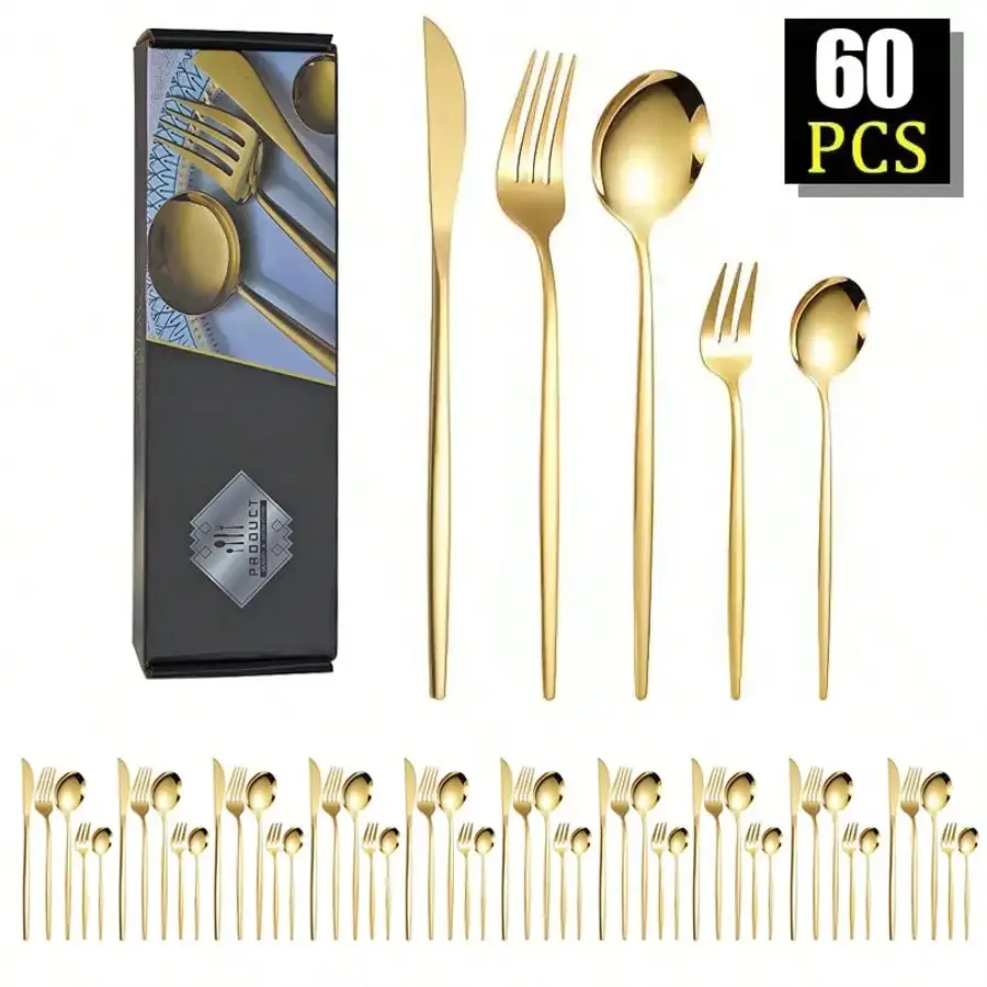 60 Piece Cutlery Set Suitable For Serving 6/12 People, Thickened Kitchen 410 Stainless Steel Cutlery Set, Steak Knife, Salad Fork, Dessert Spoon, Suitable For Wedding Party Birthday, Restaurant, Dishwasher , Halloween Party Gift