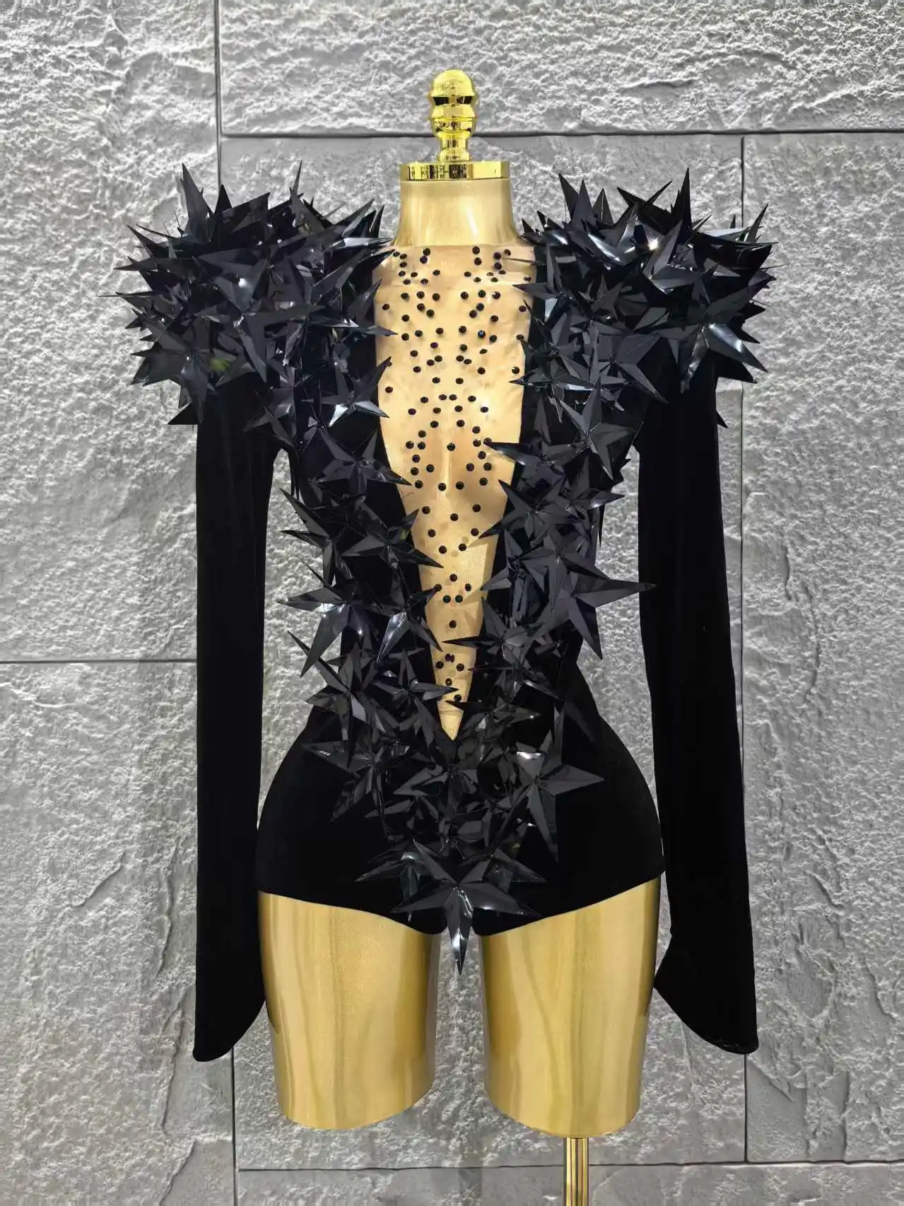 

Авангардное женское боди с блестящими стразами, черный бархат, боди с длинными рукавами, вечерняя вечеринка, клуб, гала-хозяи, ночной клуб, бар, сцена