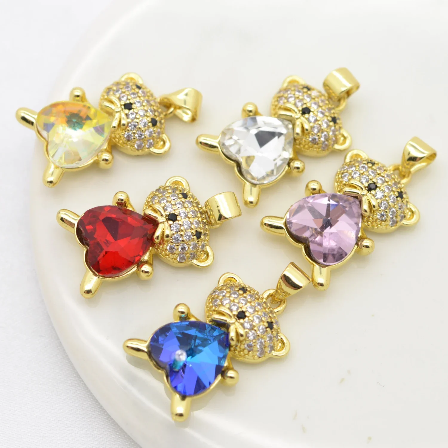 9 Pcs Hug Heart Zircon Bear Pendant DIY Jewelry Making Supplies Earrings Necklace Jewelry Accessories Copper Gold Plated Charm