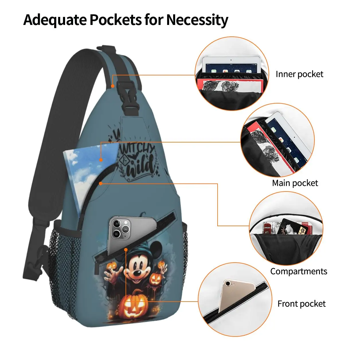 Custom Halloween Mickey Mouse Witchy Sling Crossbody Backpack for Waterproof For Cycling Daypack Printing Shoulder Backpack