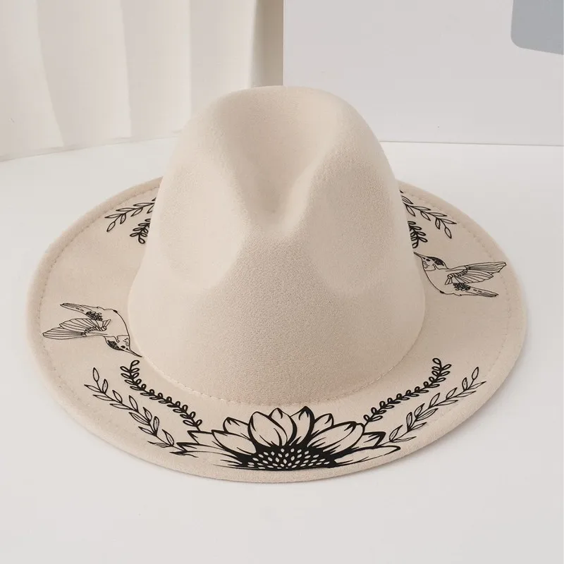 Vintage hand-painted animal and floral pattern for couples, flat- , wide-brimmed felt hat