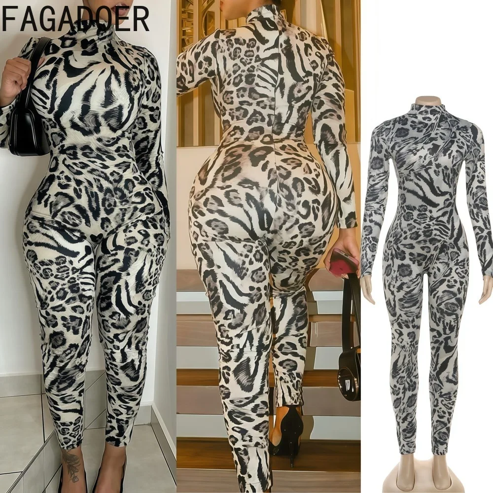 

FAGADOER Autumn New Sexy Leopard Print Bodycon Jumpsuit for Women High Neck Long Sleeves Rompers Female Streetwear Overalls 2025