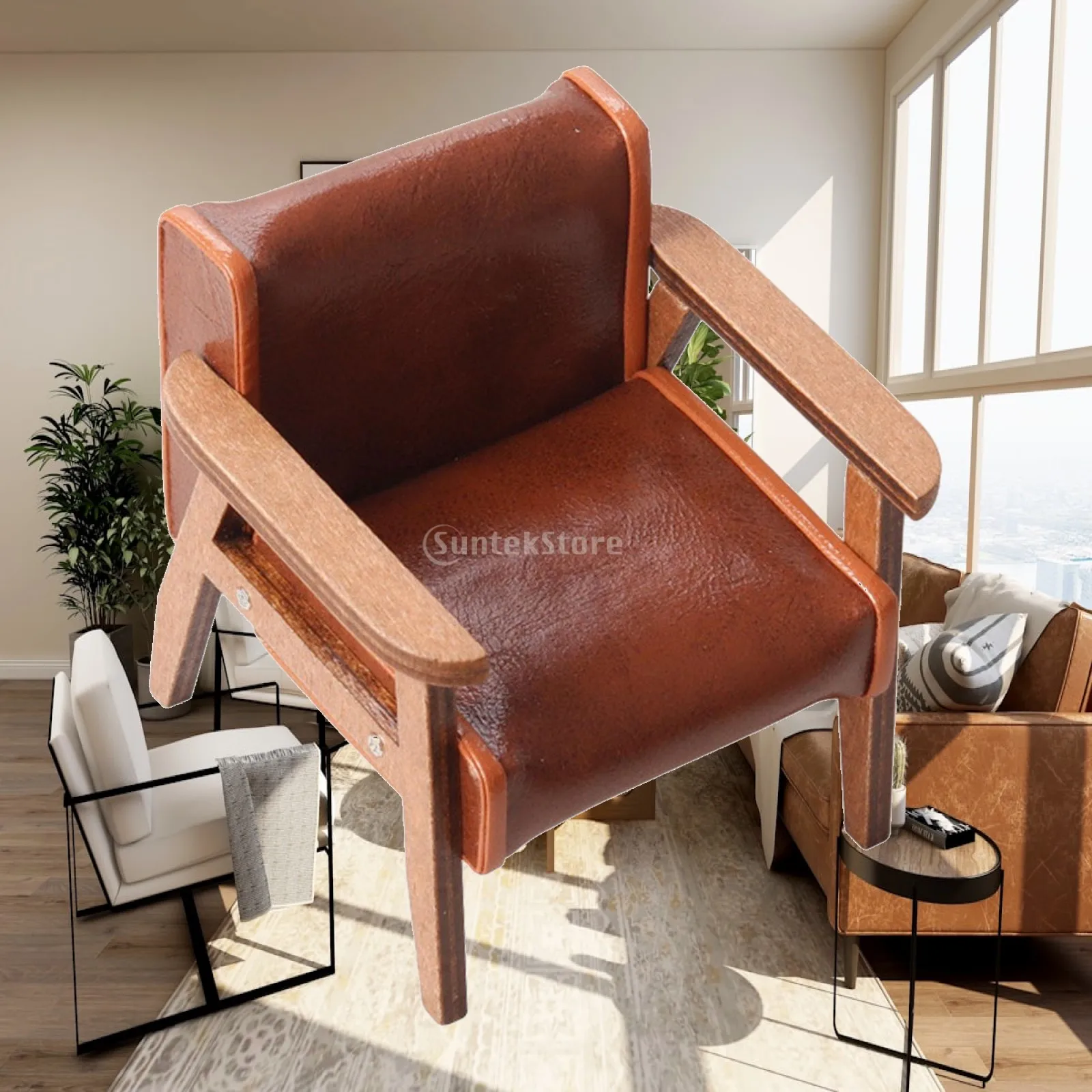 Miniature Dollhouse Couch Sofa Set with Pillow Wood Frame PU Leather Armchair for 1 12 Scale Doll House Furniture Decor