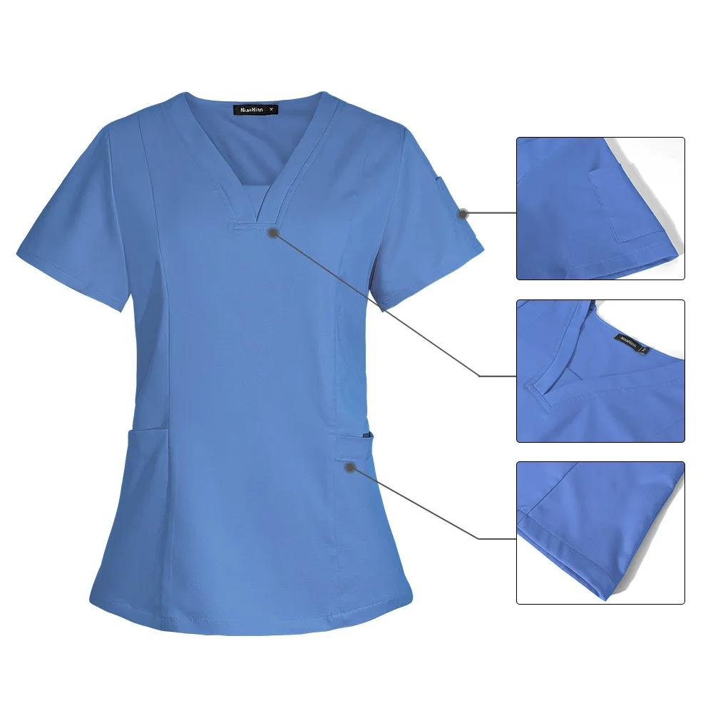 

V-Neck Two-Piece Surgical Gown Set For Women, Hospital Scrub Suit, Stretchy Short Sleeve Nurse Workwear With Printed Text