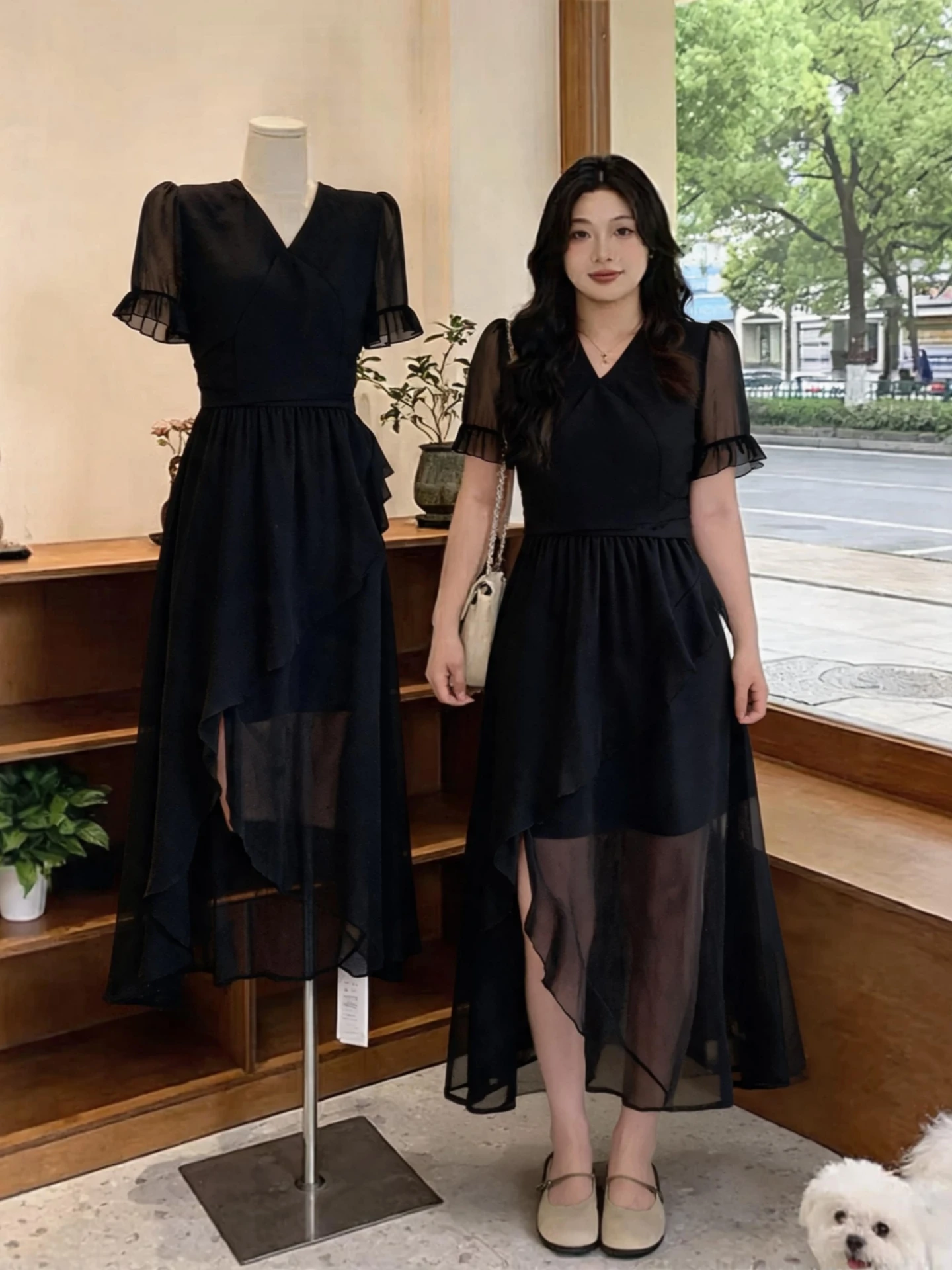 Black Mesh Splice Women's Summer New plus Size Slimming Long Dress Cover Belly Waist-Cinching Korean Style A-Line Dress