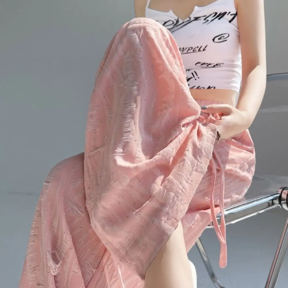 

Сплошной цвет, повседневные прямые брюки, блестящие стразы, широкие длинные брюки, летняя одежда на шнурке, рваные брюки на каждый день