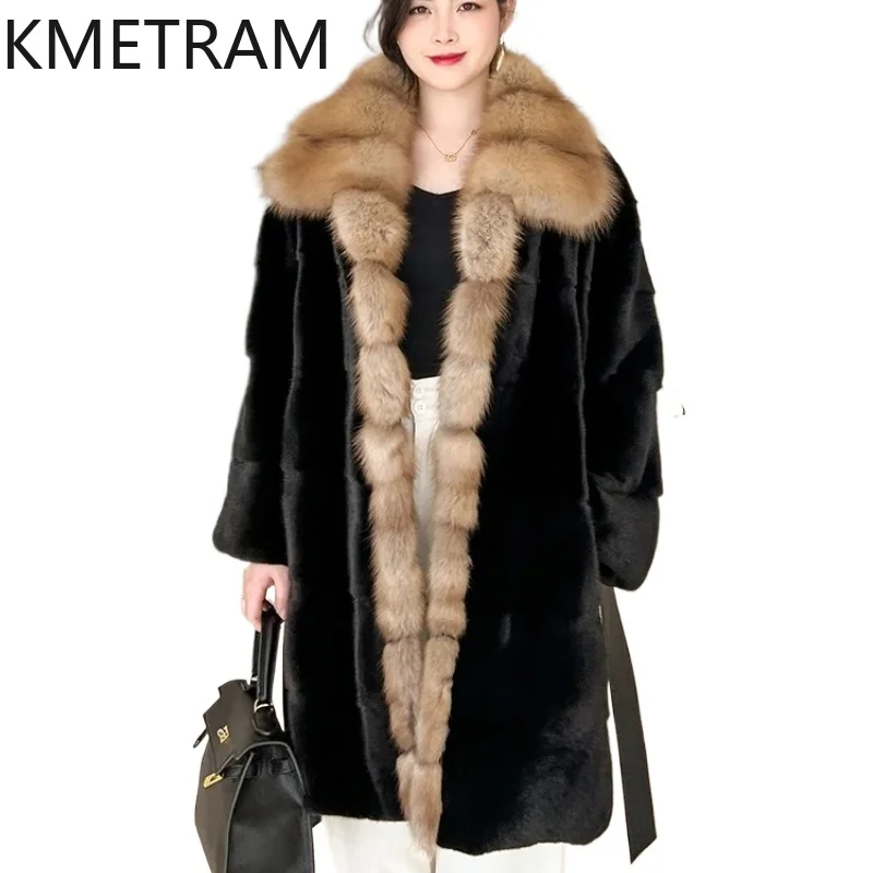 

KMETRAM 100% Mink Fur Coats Woman Luxury Sable Collar Real Fur Coat with Belt 2025 High Quality Winter Clothes шуба женская