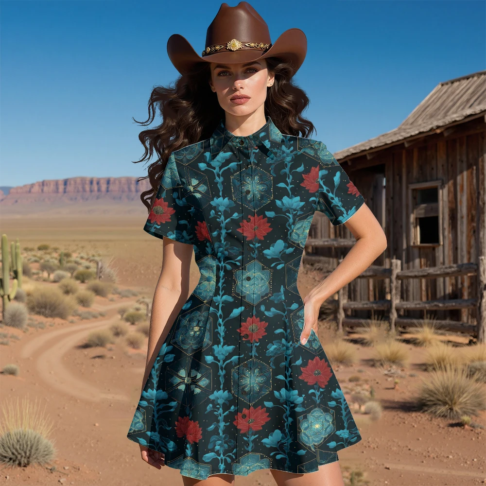 Vestido feminino vintage estilo ocidental com botões boêmio estampa de girassol vestido casual manga curta ​ Vestido Boho Chic para Diário