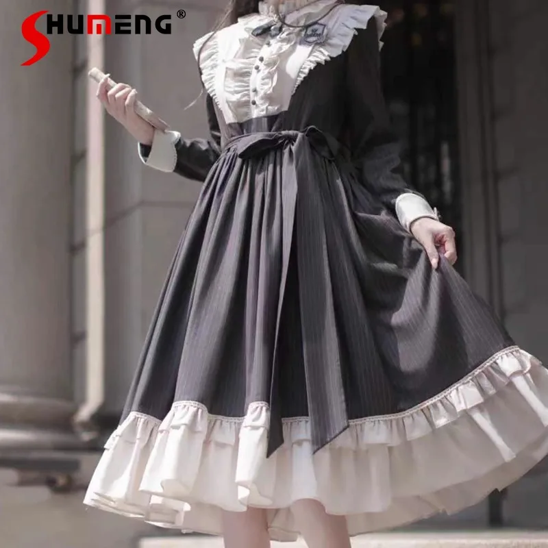 

Original Japanese Rojita College Style JK Striped Cape Elegant Classic Dress Long-sleeves Knee Length Slimming Dresses With Belt