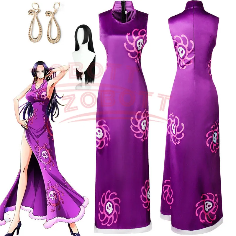 Seven Warlords Of The Sea Boa Hancock Empire Snake Cosplay Costume Halloween Purple Qipao Cheongsam Dress Woman earrings Wig