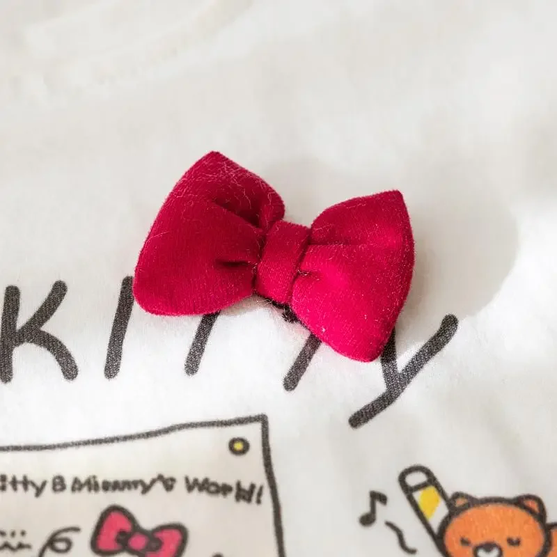 

Футболка с длинными рукавами Hello Kitty для девочек Sanrio, весна и осень, новая аниме-мода, мультяшный принт с бантом, кавайная милая базовая рубашка, топы