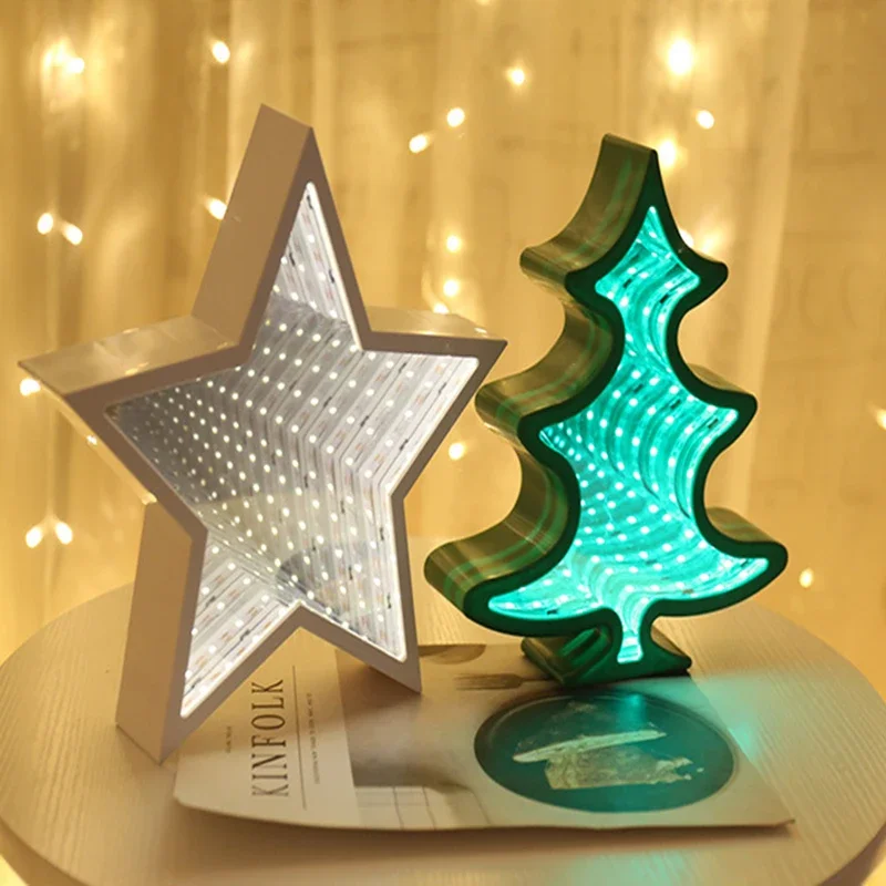 3D Mirror Lights Bells Tree Pentagram Love Night Light Infinity Creative LED Mirror Tunnel Lamp for Kids Baby Toy Gift