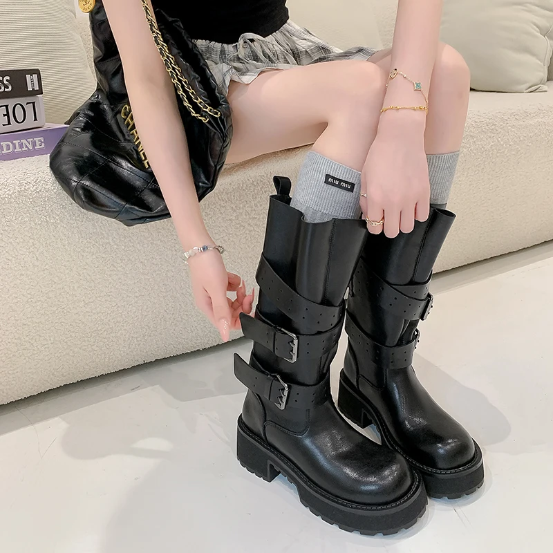 

Women's Cyberpunk Mid-Calf Boots - Handmade Genuine Leather, Wide-Cuff with Buckle Strap, Original Design Fashion Footwear