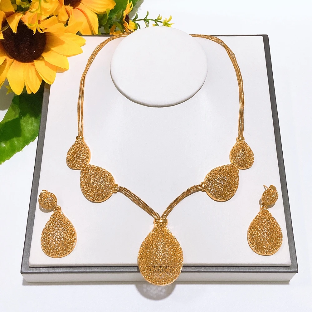 

African 24K Gold Plated Necklace Earrings Jewelry Set Women Nigeria Bridal Wedding Party Gift Jewellery