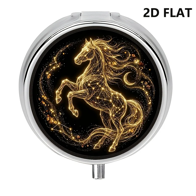 Single pack, flat round box with 3 compartments, featuring a golden horse and pattern design, suitable as a portable travel or wallet case, portable medicine and vitamin case