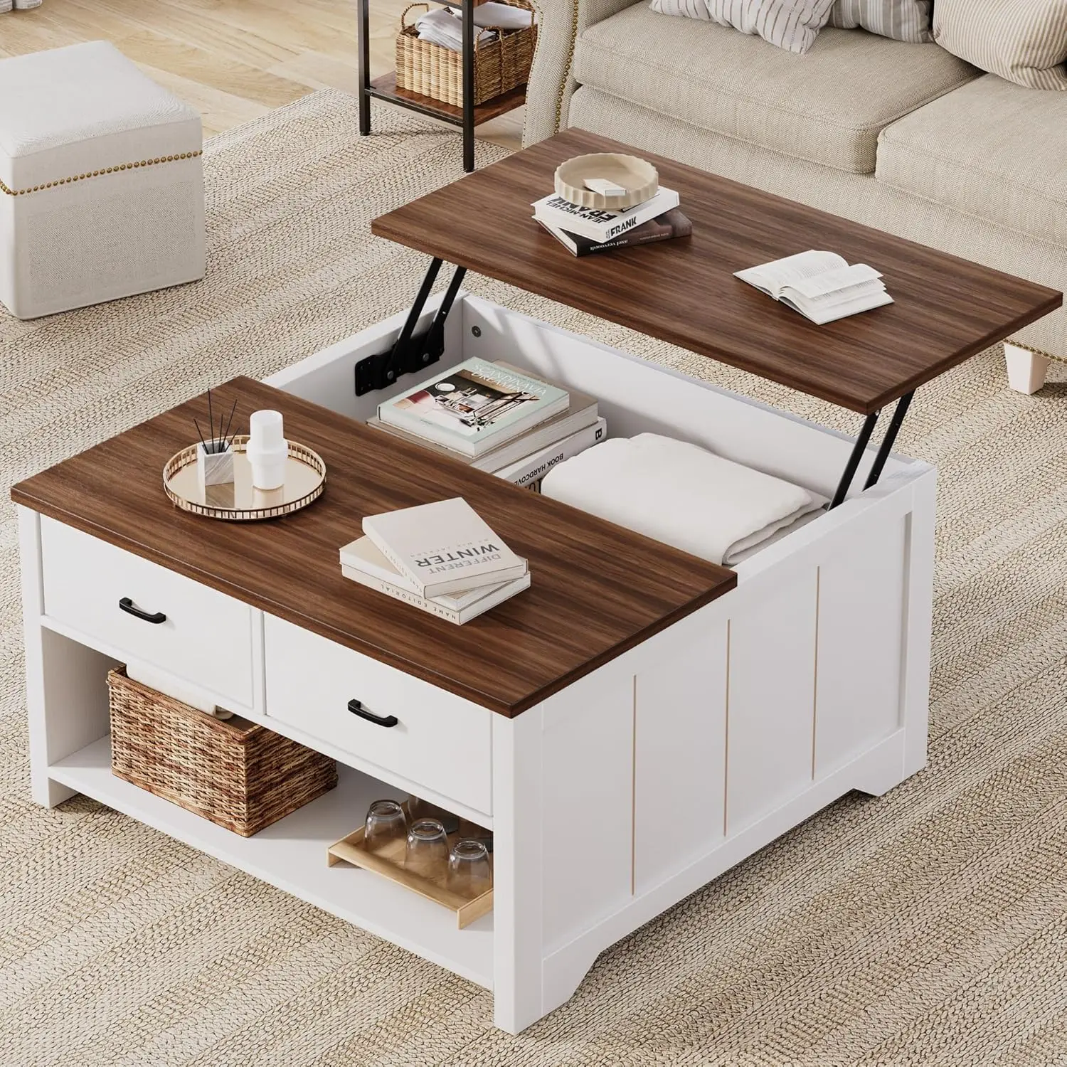 

White Farmhouse Rustic Lift Top Coffee Table - Square Wooden Tea Table with 2 Drawers & Big Open Storage for Living Room