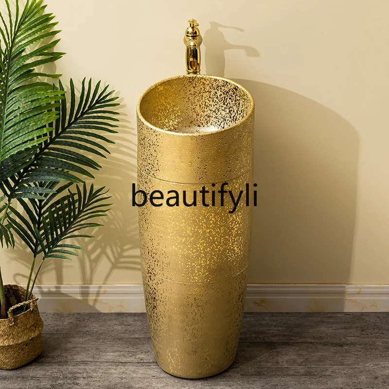 

Household column-type washbasin Ceramic integrated column basin Hotel golden hand sink basin