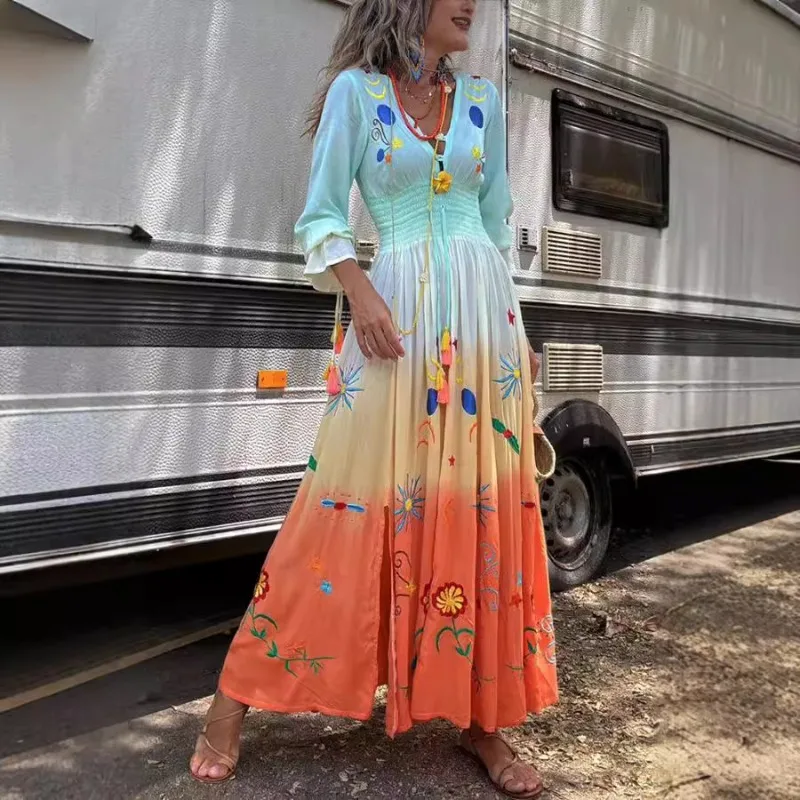 Abito Boho plissettato Abiti da vacanza Corsetto da donna Abito lungo da vacanza bohémien Manica lunga svasata sexy Scollo a V Vita elastica