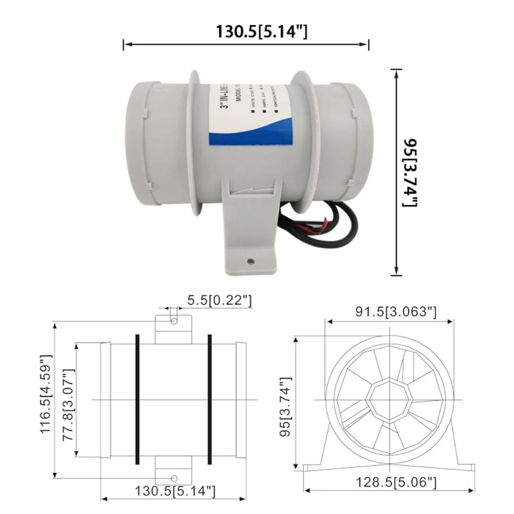 Marine 3 Inch 12V Silent Inline Blower with Five Blade Fan for Improved Air Circulation and Long Lasting Durability
