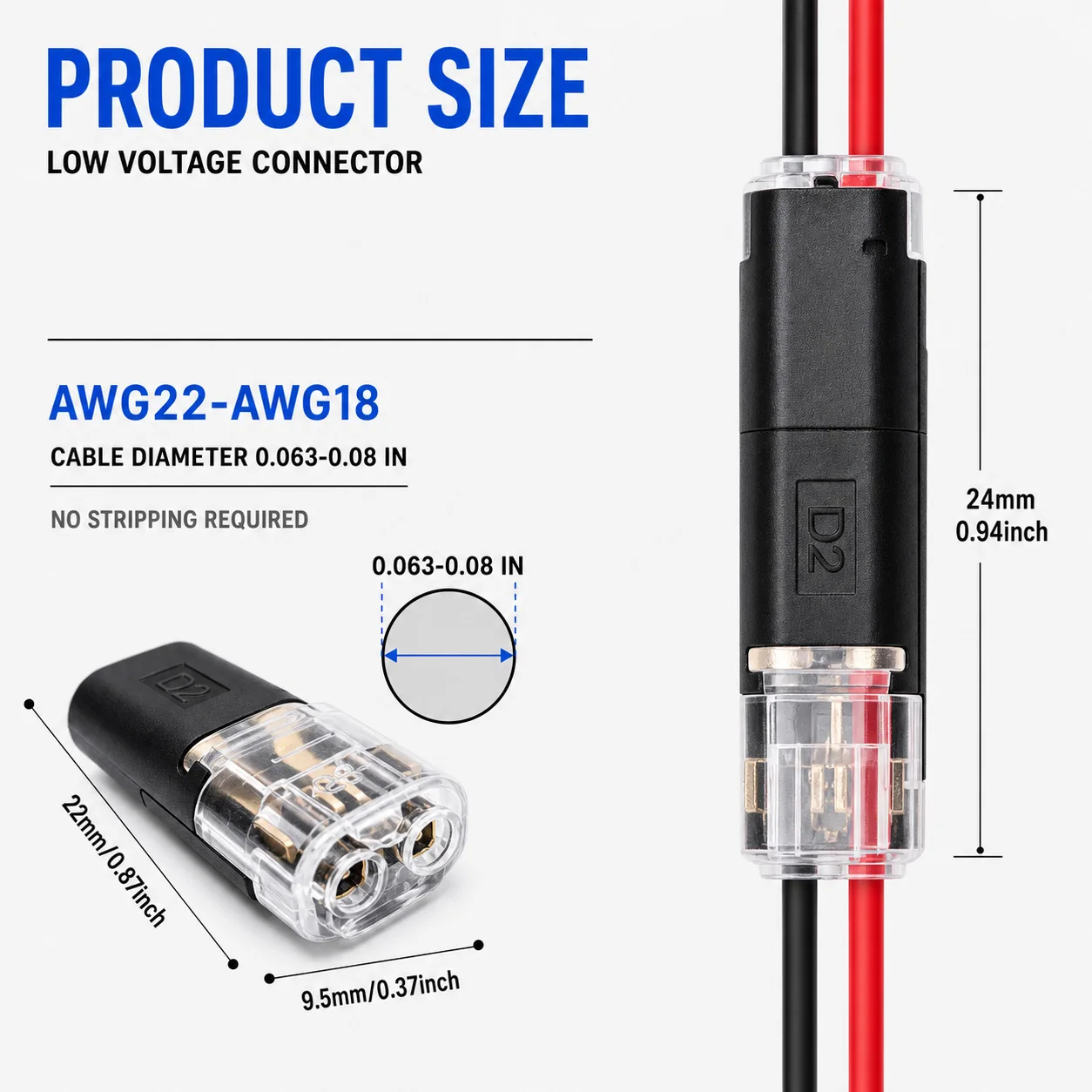 40/150PCS Electrical Cable Connectors 2 Pin No Strip Solderless Locking Plug-In Inline Splice Kit 22-18AWG Automotive LED Wiring