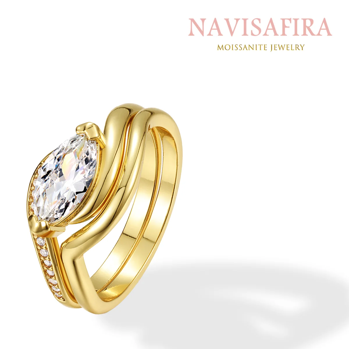 

1Ct S925 Gold Marquise Moissanite Double Band Ring with Zircon, Elegant Wedding Engagement Ring