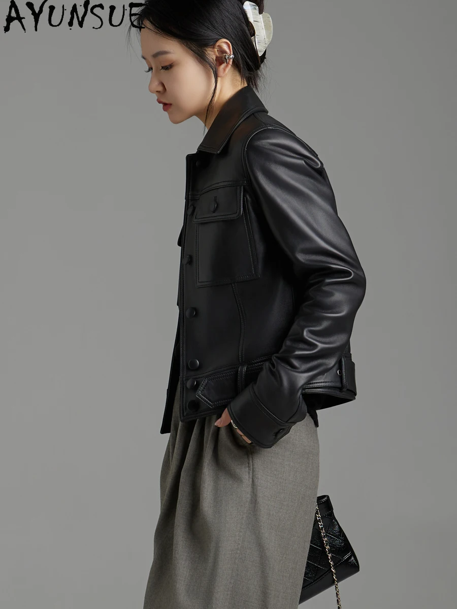 AYUNSUE 本革ジャケットの女性 2025 リアルシープスキンレディースコートベルト春秋服ショートスタイル Jaqueta デ Couro