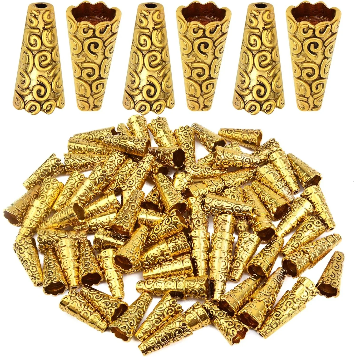 

100 Pieces Antique Golden Beads Caps Tibetan Cone Bead Caps Flower Beads End Covers Tassel Crafts for DIY Jewelry Making