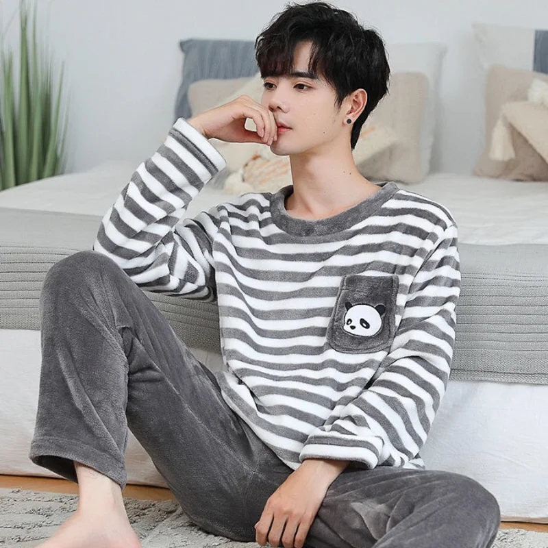 

Autumn and Winter New Men's Warm Pajamas Homewear Suit Coral Velvet Pajamas Men's Thickened Padded Teenage Pajamas Homewear