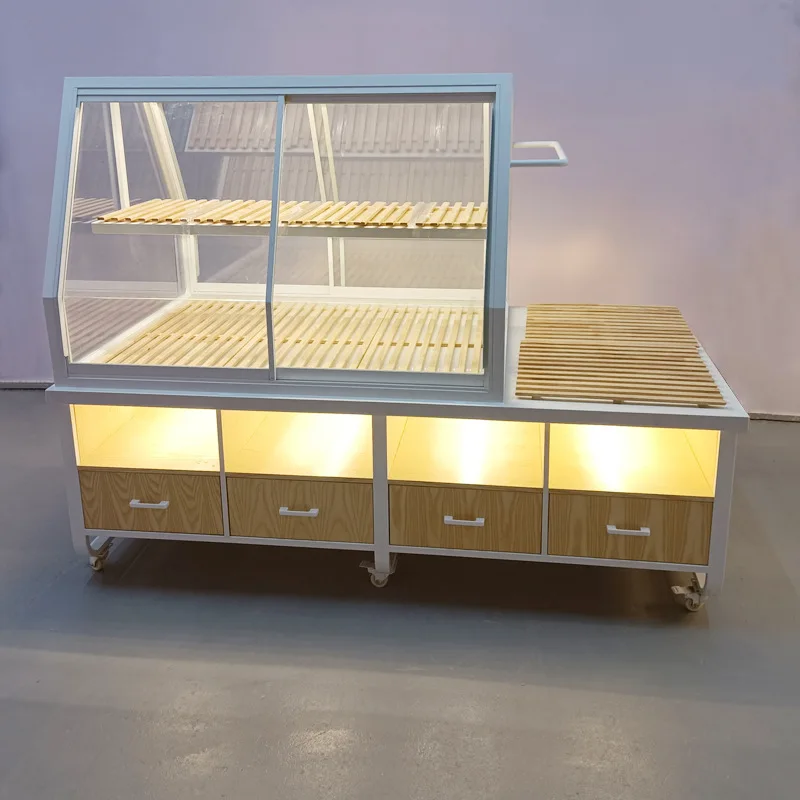 custom.Kainice Customized Retail Rack Glass Bread Display Shelf Wooden Pastry Light Display Bakery Display Showcase With Wh
