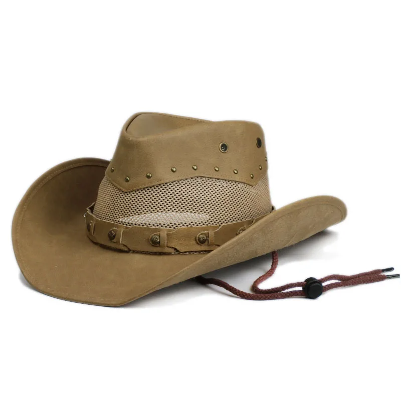 Unisex Women Men Retro Breathable Net Leather Roll Up Wide Brim Sun Sunscreen Cap Beach Cowboy Cowgirl Western Warm Hat 58-60cm