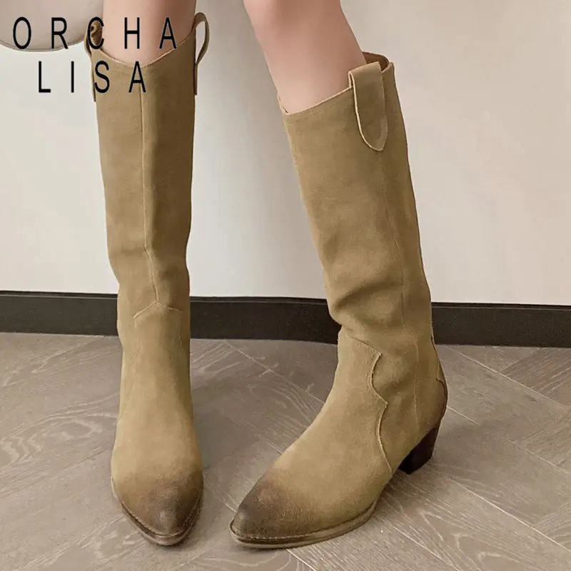 

ORCHA LISA Women Western Boots Pointed Toe Block Heel 4cm Slip On Retro Fashion Knee High Female Booty