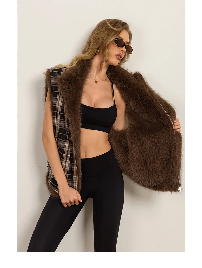 Lapel Faux Fur Vest Two Side Wear Sleeveless Checkered Furry Jackets Fluffy Zipper Warm Thick Luxury Plush Coats Faux Fox Casual